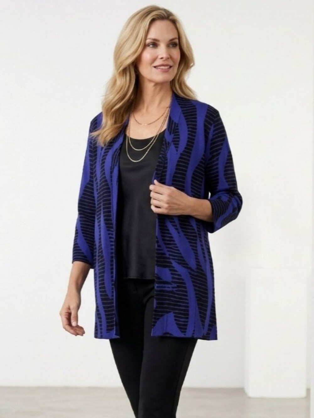 Ming Wang purple and black abstract patterned knit open-front cardigan Size 1X
